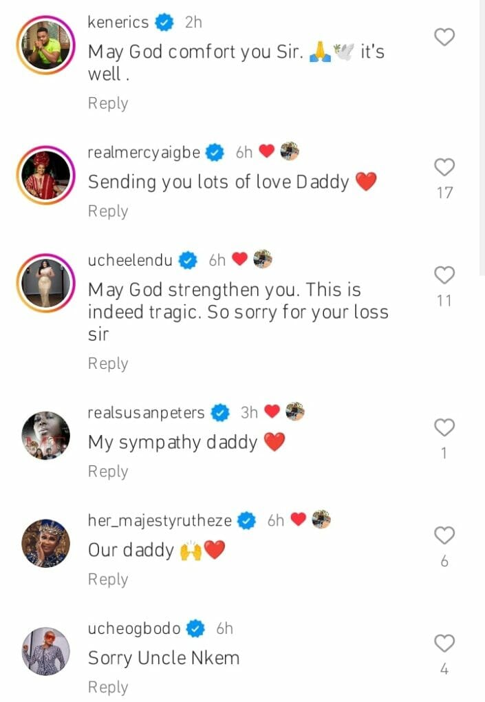 Celebrities react as Nkem Owoh speaks out on daughter's death