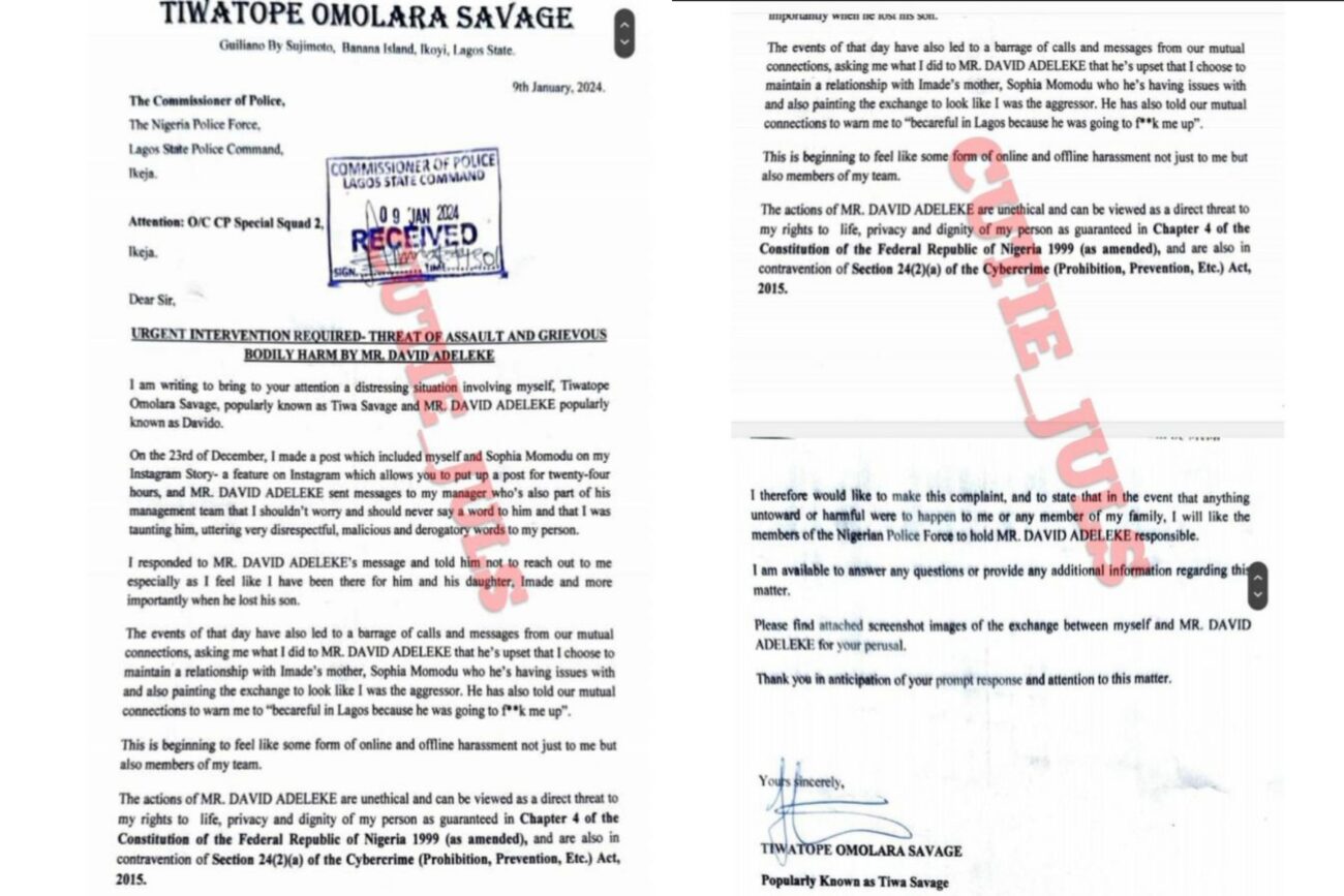 Tiwa Savage petitions the police over drama with Davido 