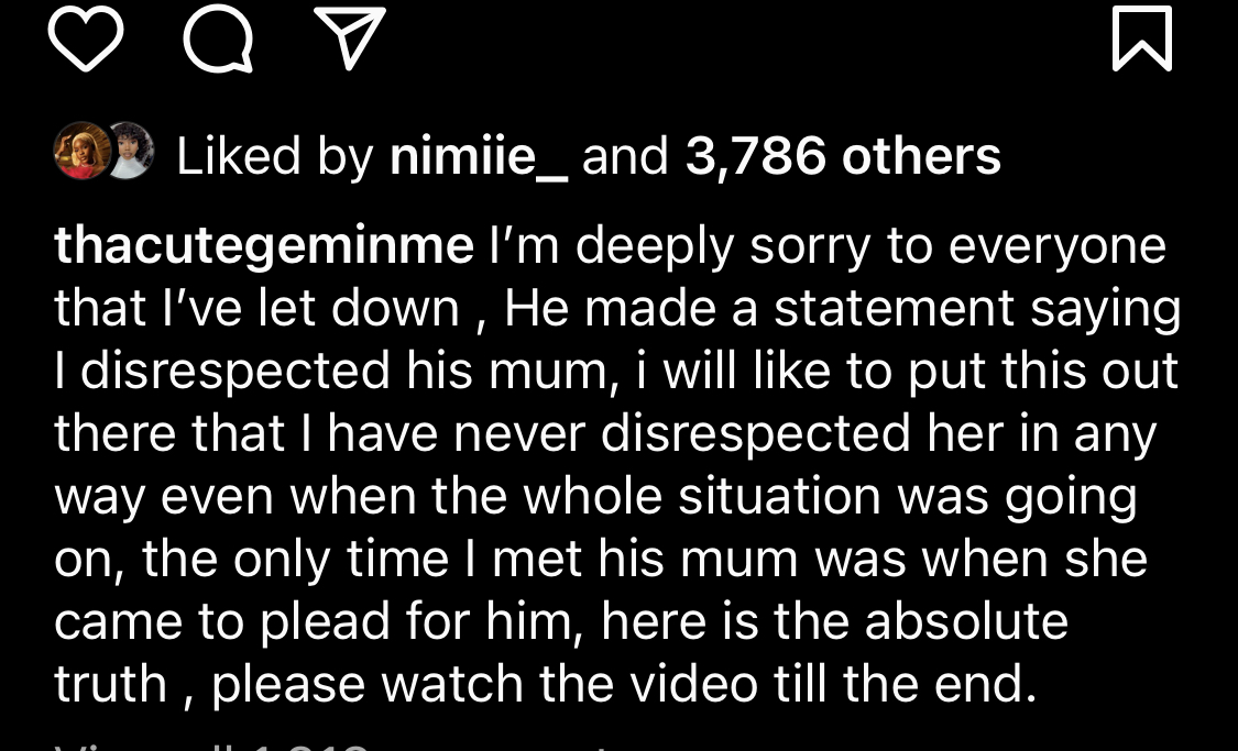 Cute Gemini’s caption explaining that she never disrespected Lil Frosh’s mother 