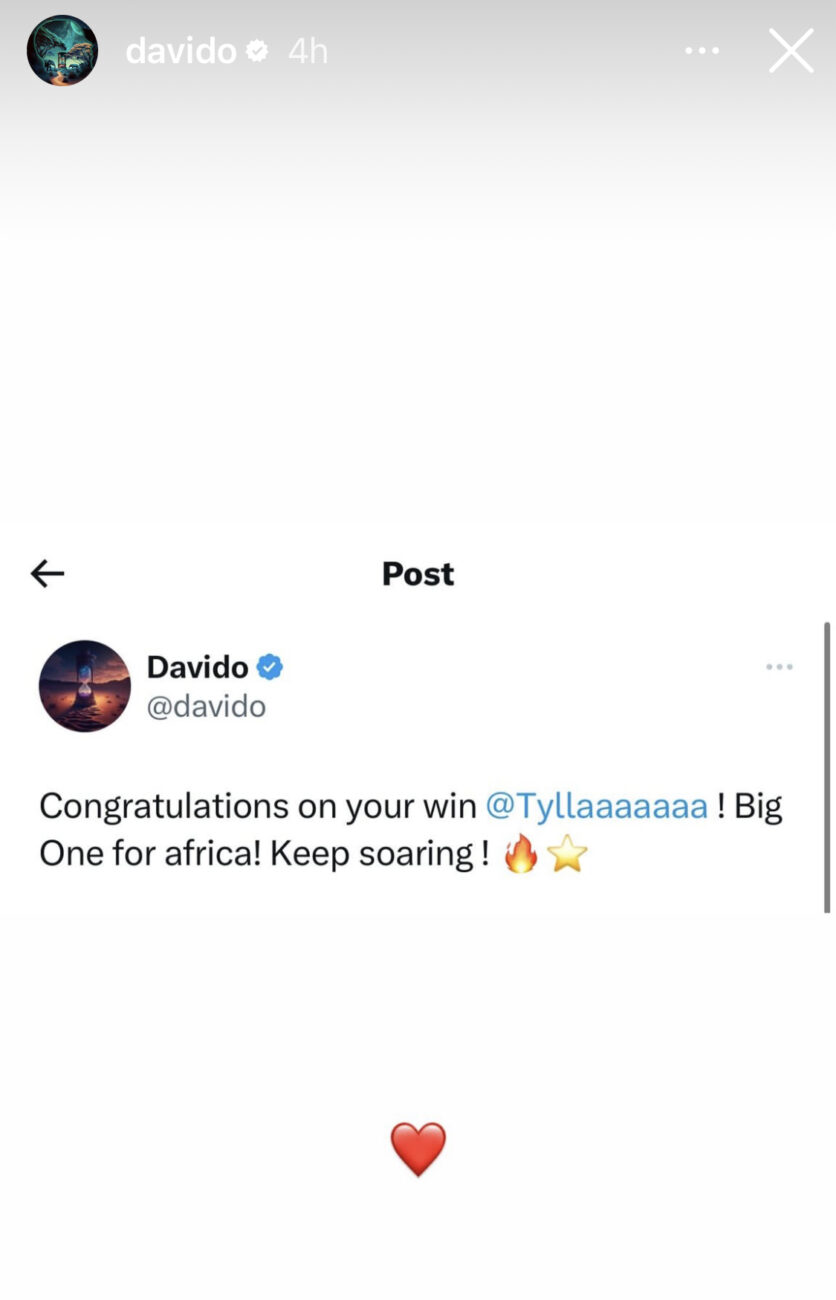 Davido’s congratulatory post dedicated to Tyla following her Grammy win.