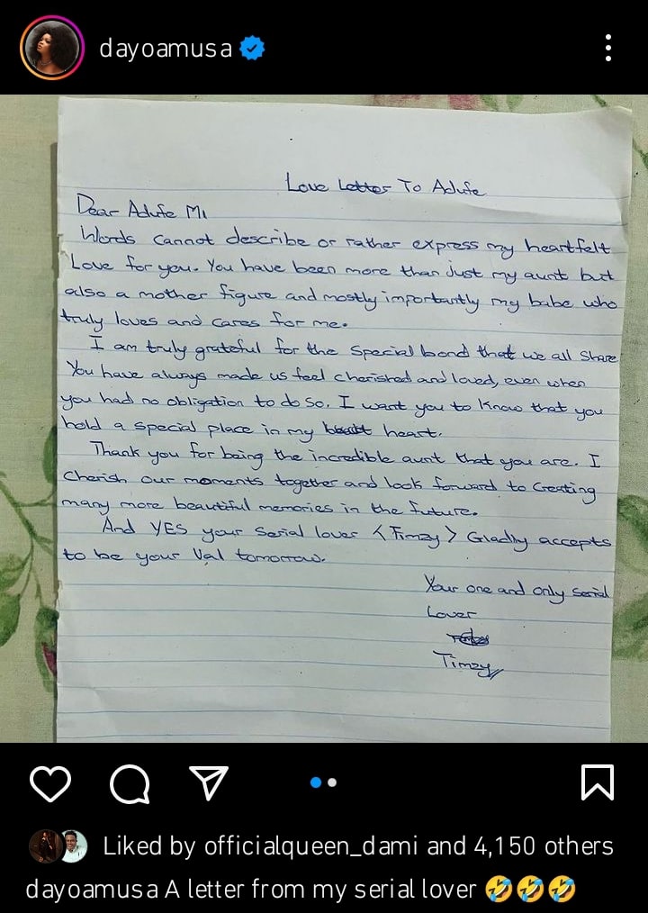 Dayo Amusa letter from serial lover