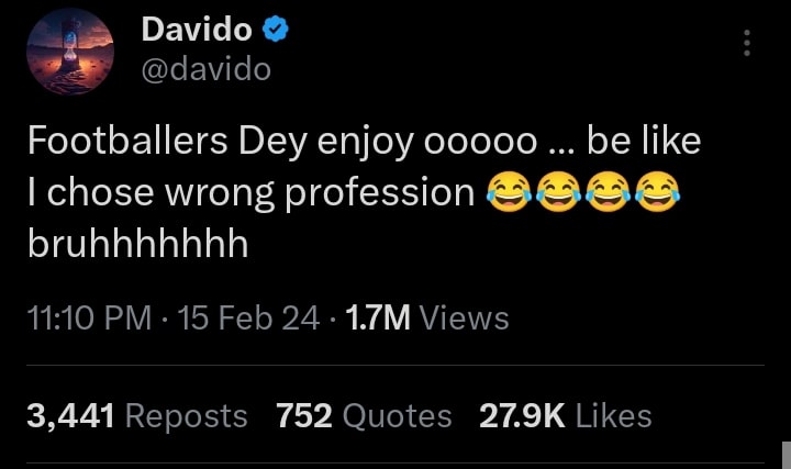 Davido says footballers are enjoying
