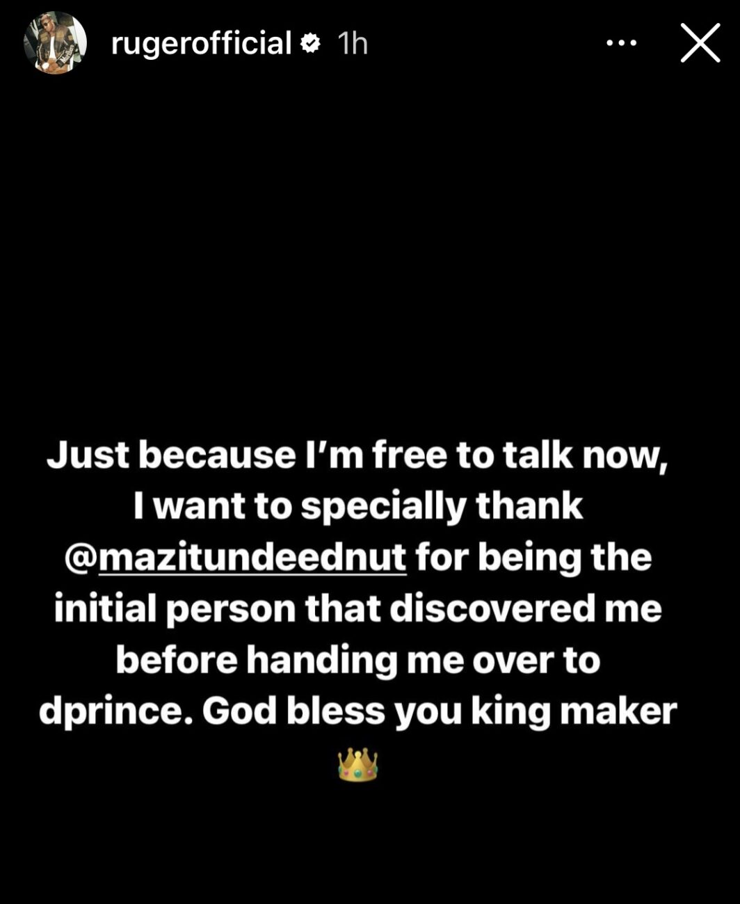 Ruger’s post thanking Tunde Ednut for discovering him.