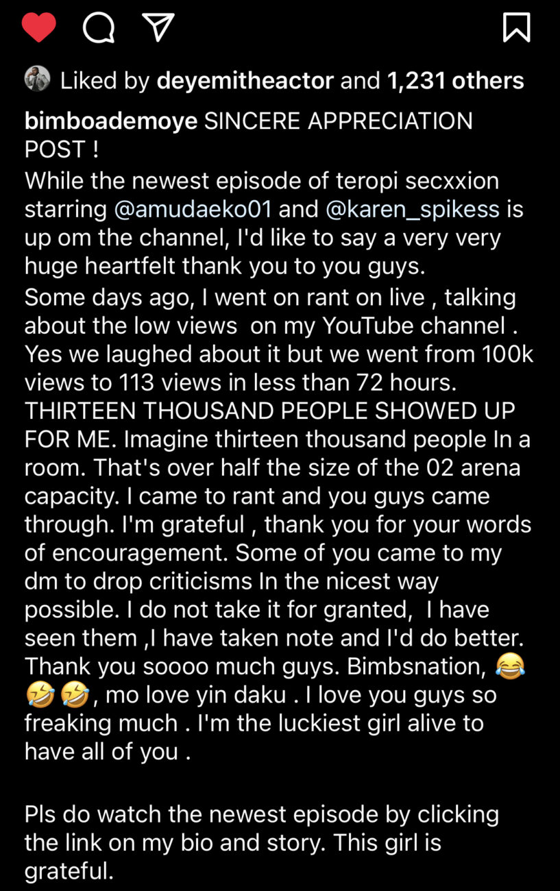 Bimbo Ademoye thanks her fans over massive YouTube views.